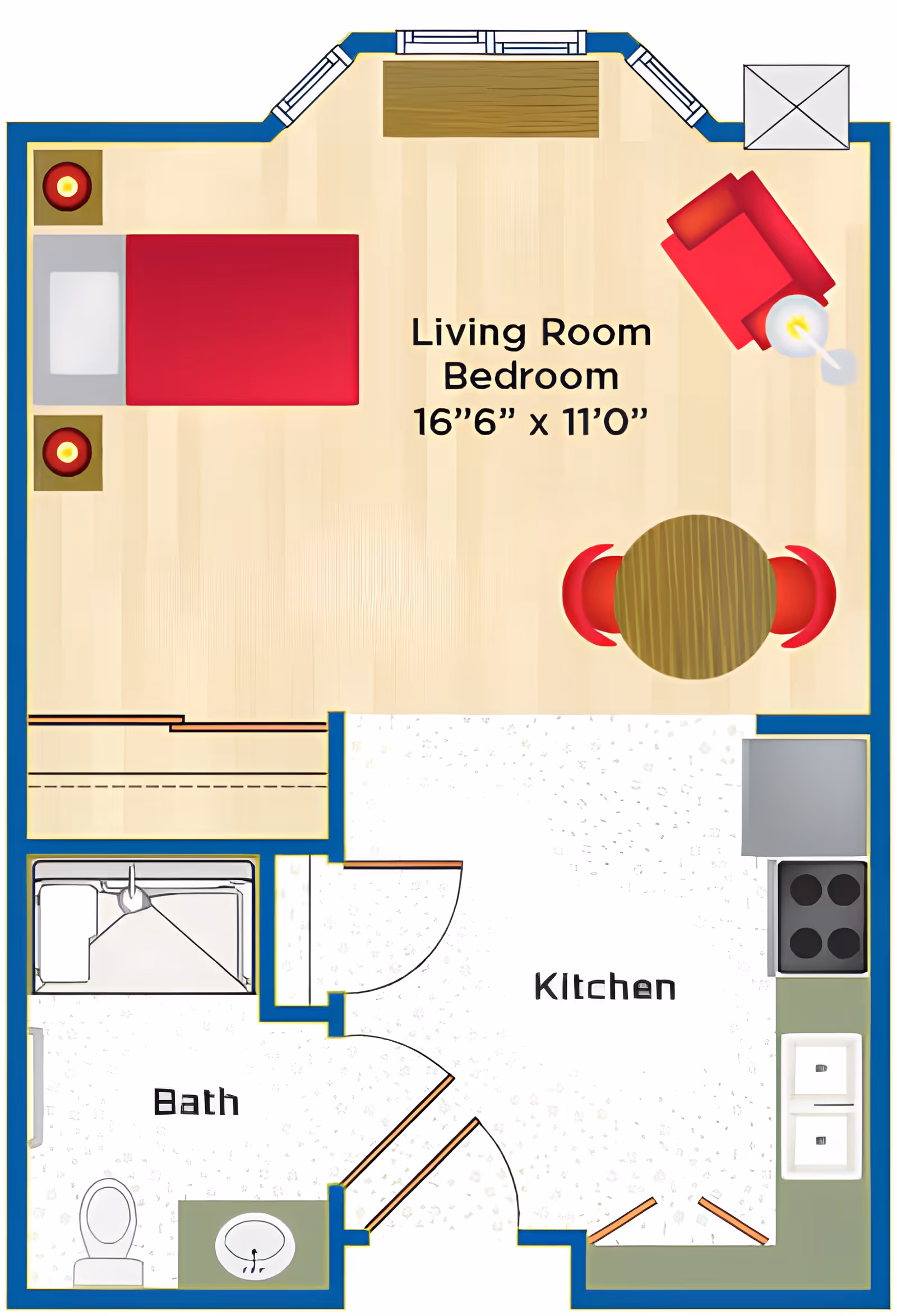 Floor plan of a senior living unit at Meadow Ridge Senior Living showing a combined living room and bedroom area measuring 16 feet 6 inches by 11 feet, a kitchen with stove and sink, and a bathroom with toilet, sink, and shower.