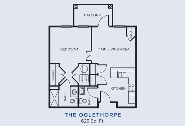 Floor plan of The Oglethorpe apartment unit showing a bedroom, two bathrooms, a kitchen, a main living area, a balcony, closets, and a washer/dryer area, totaling 625 square feet.