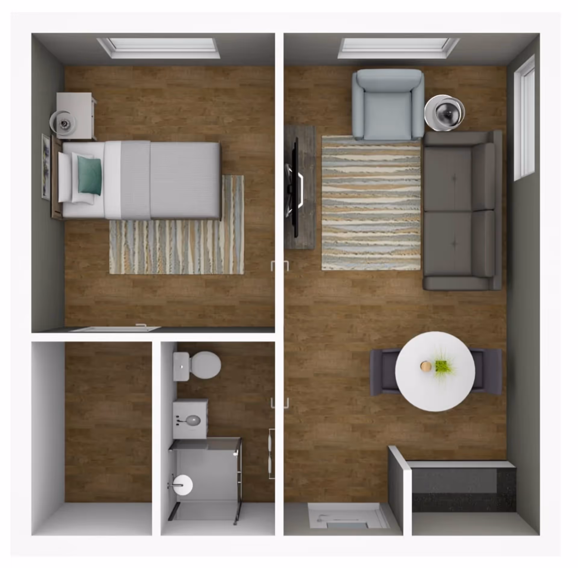 Top-down view of a small apartment layout featuring a bedroom with a bed and nightstand, a bathroom with a shower, toilet, and sink, and a living room area with a sofa, armchair, TV, and a round dining table with two chairs.