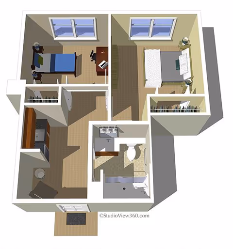 3D rendered floor plan of a two-bedroom apartment showing two bedrooms, a bathroom, kitchen, and living area.