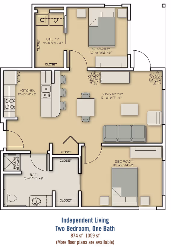 Floor plan of an independent living two-bedroom, one-bath apartment showing labeled rooms, kitchen, living room, closets, and bathroom.