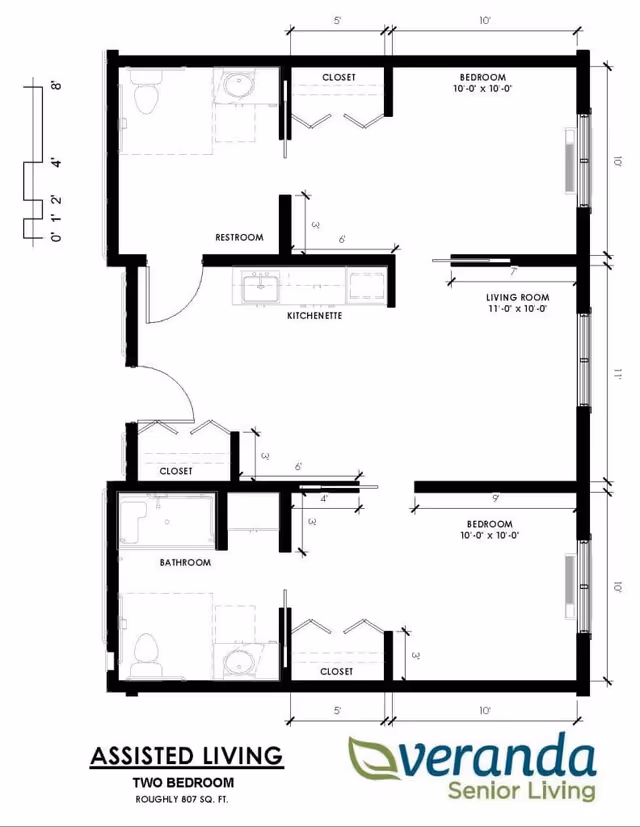 Black-and-white floor plan for a two-bedroom assisted living unit showing labeled rooms, closets, bathrooms, a kitchenette, dimensions, and a Veranda Senior Living logo.