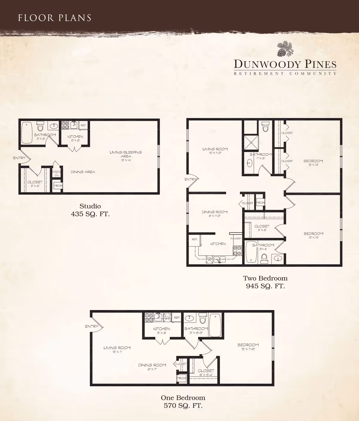 Floor plans for Dunwoody Pines Retirement Community showing three layouts: a 435 sq. ft. studio with living/sleeping area, kitchen, bathroom, dining area, and closet; a 945 sq. ft. two-bedroom with living room, dining room, kitchen, two bathrooms, closets, and pantry; and a 570 sq. ft. one-bedroom with living room, dining room, kitchen, bathroom, bedroom, and closets.