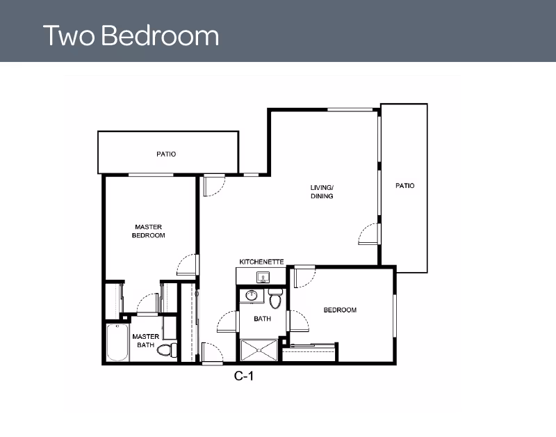 Floor plan of a two-bedroom apartment at Holiday Copley Place, showing a master bedroom with attached master bath, a second bedroom, a bath, kitchenette, living/dining area, and two patios.