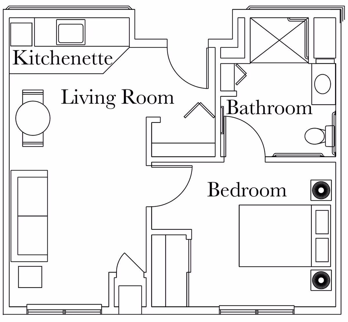 Architectural floor plan of a living space showing a kitchenette, living room with seating and table, bedroom with a bed and nightstands, and a bathroom with a shower, sink, and toilet.