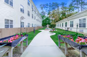 Outdoor courtyard walkway between two residential buildings with raised flower beds and a gazebo at the far end.