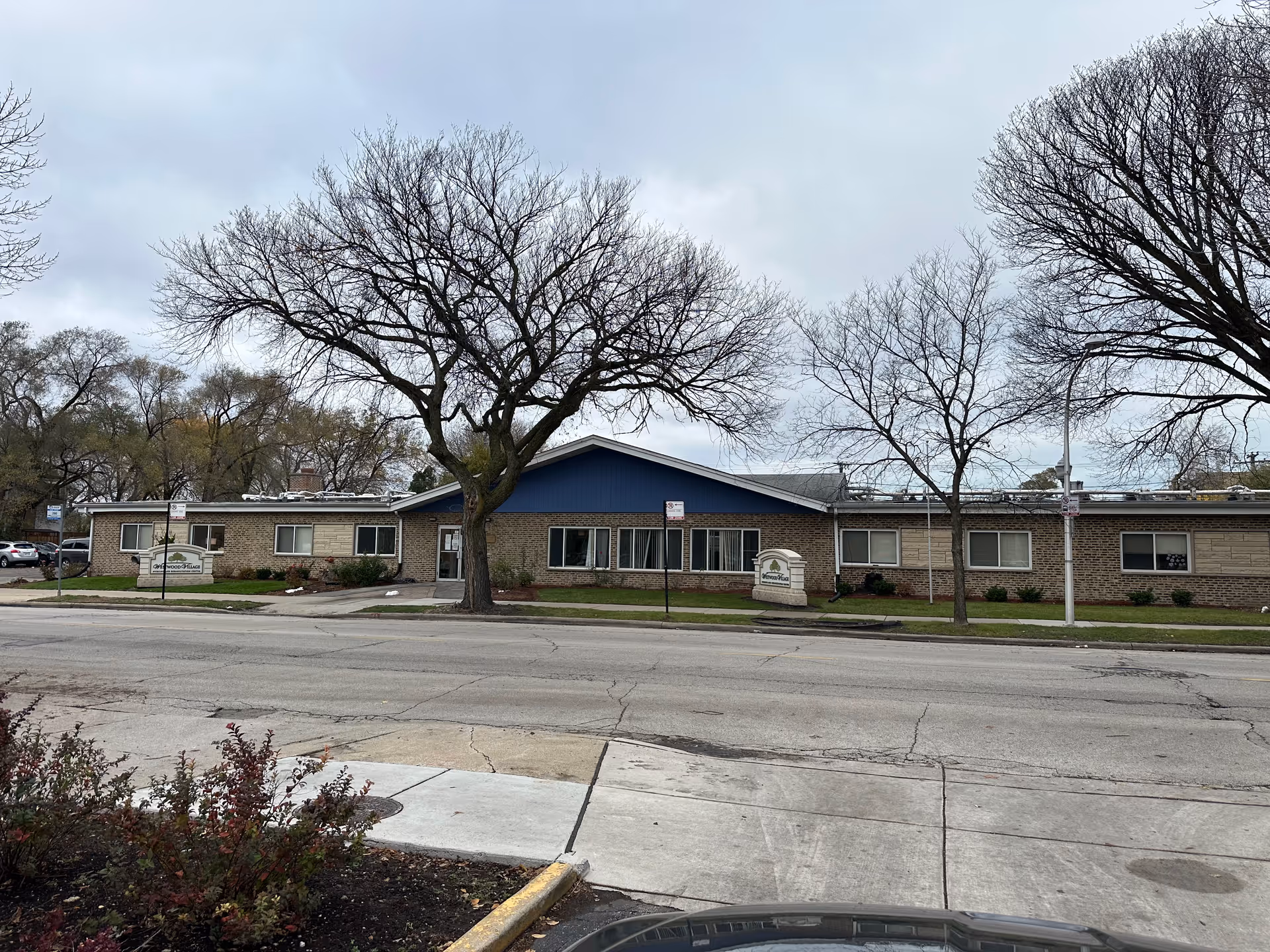 Single-story brick nursing and rehabilitation center with a blue gabled center, front lawn, sign and leafless trees along the street.