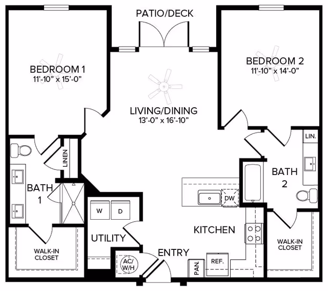 Floor plan of a two-bedroom apartment featuring Bedroom 1 with a walk-in closet and Bath 1, Bedroom 2 with a walk-in closet and Bath 2, a combined living and dining area with access to a patio/deck, a kitchen with pantry and refrigerator, a utility room with washer and dryer, and an entry area.