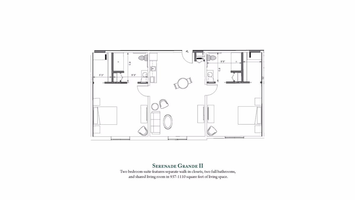 Architectural floor plan of Serenade Grande II, a two-bedroom suite with separate walk-in closets, two full bathrooms, and a shared living room. The layout includes bedrooms on each side, bathrooms adjacent to each bedroom, and a central living area with seating and a small dining table.