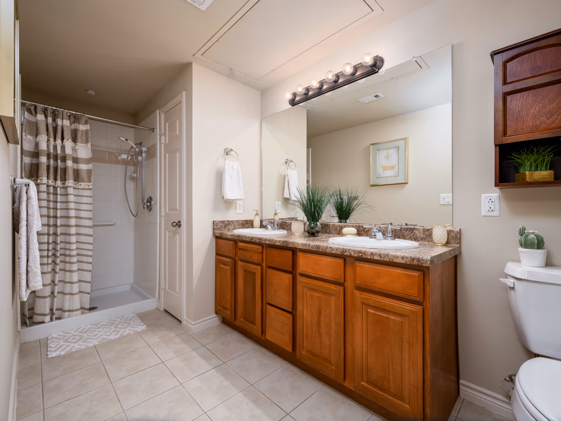 A clean and well-lit bathroom featuring a double sink vanity with wooden cabinets and a large mirror above. There are decorative plants on the countertop, a towel hanging on a ring, and a shower area with a striped shower curtain. A toilet with a small potted cactus on the tank is visible on the right side.