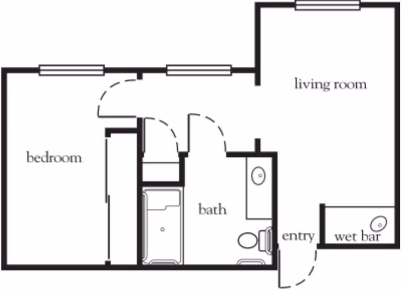 Floor plan of a senior living unit at Encinitas Senior Living showing a bedroom, bathroom with bathtub and toilet, living room, entry area, and a wet bar.