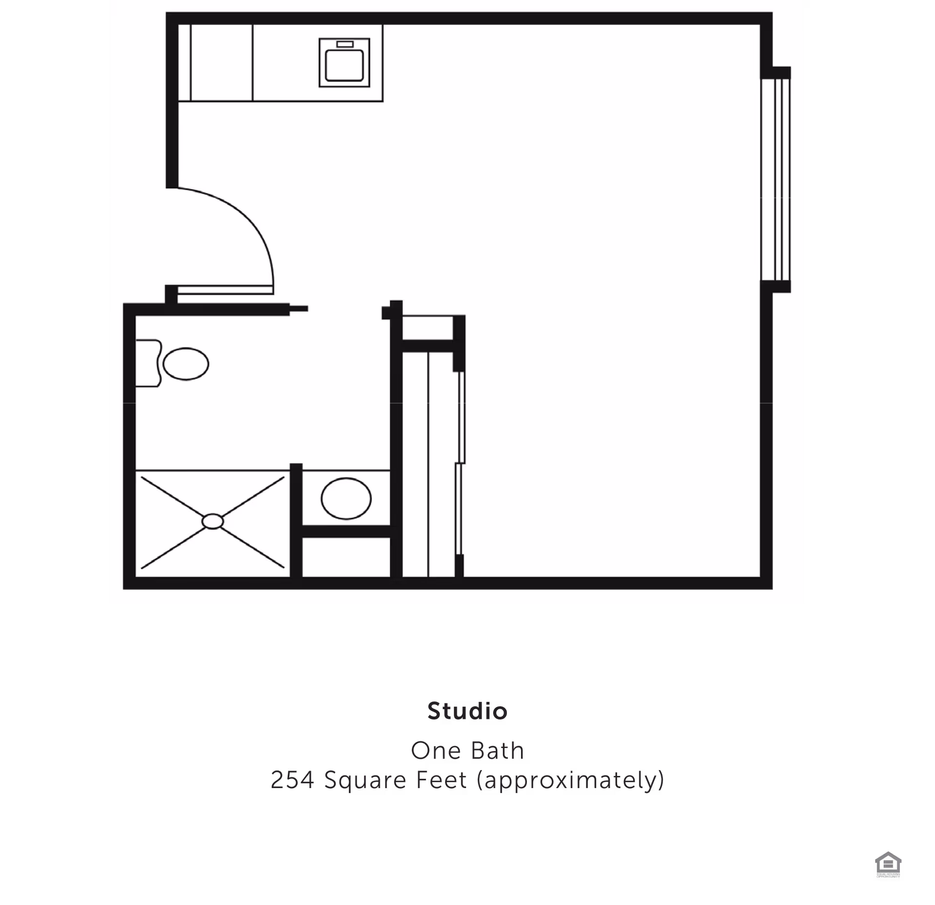 Floor plan of a studio apartment with one bathroom and a small kitchen area, approximately 254 square feet.