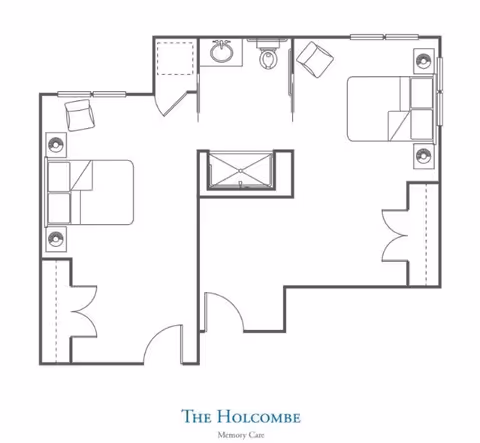 Floor plan of The Holcombe Memory Care unit at The Village of Meyerland showing two bedrooms, a shared bathroom with a sink and toilet, and a central shower area.