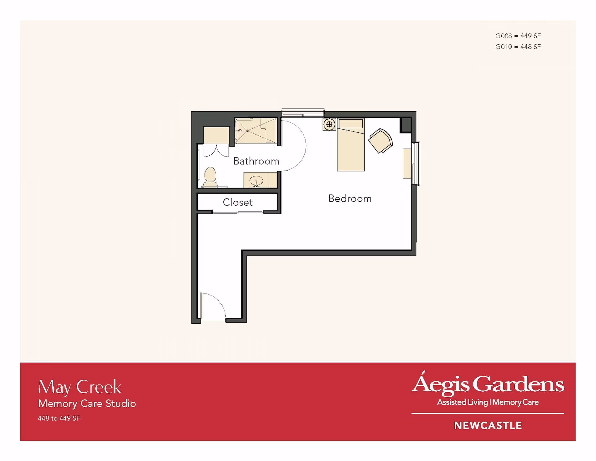 Floor plan layout of a Memory Care Studio named May Creek at Aegis Gardens Newcastle, showing a bedroom with a bed, chair, and window, a bathroom with a shower, toilet, and sink, and a closet near the entrance.