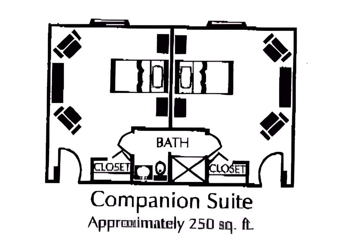 Floor plan of a companion suite showing two bedrooms each with a bed, two chairs, and a closet. A shared bathroom is located between the bedrooms. The suite is approximately 250 square feet.