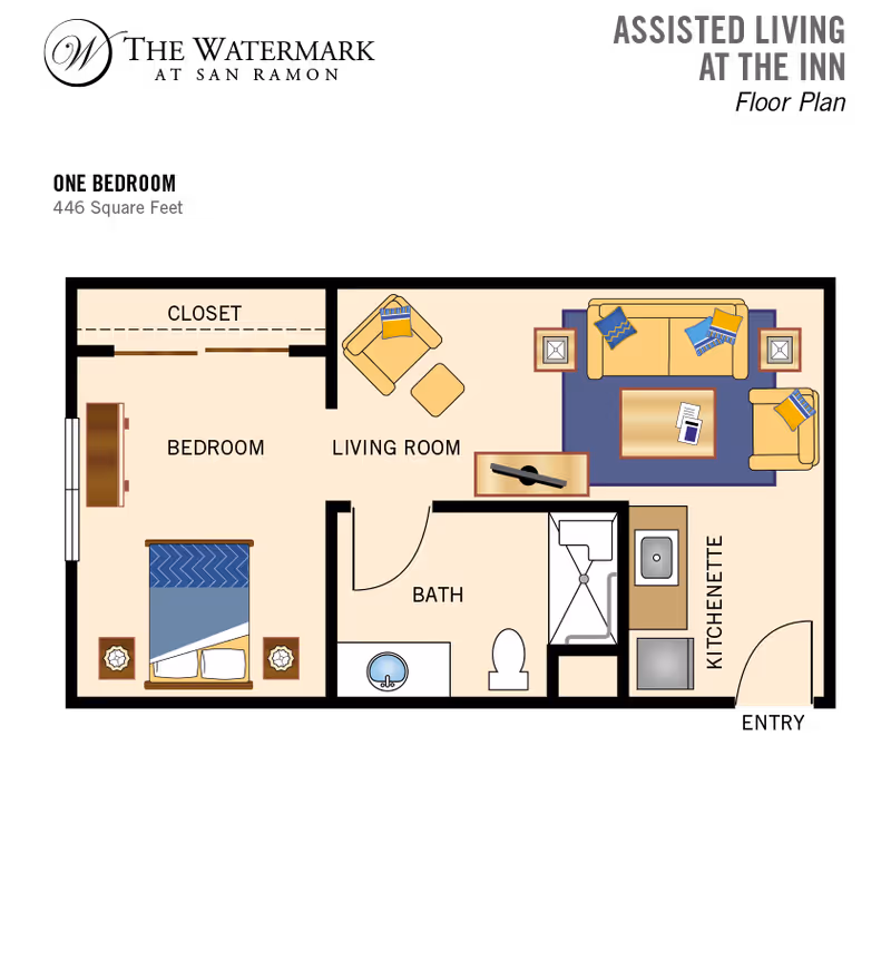 Illustrated 446-square-foot floor plan of an assisted living unit with a bedroom, living room, bath, and kitchenette.