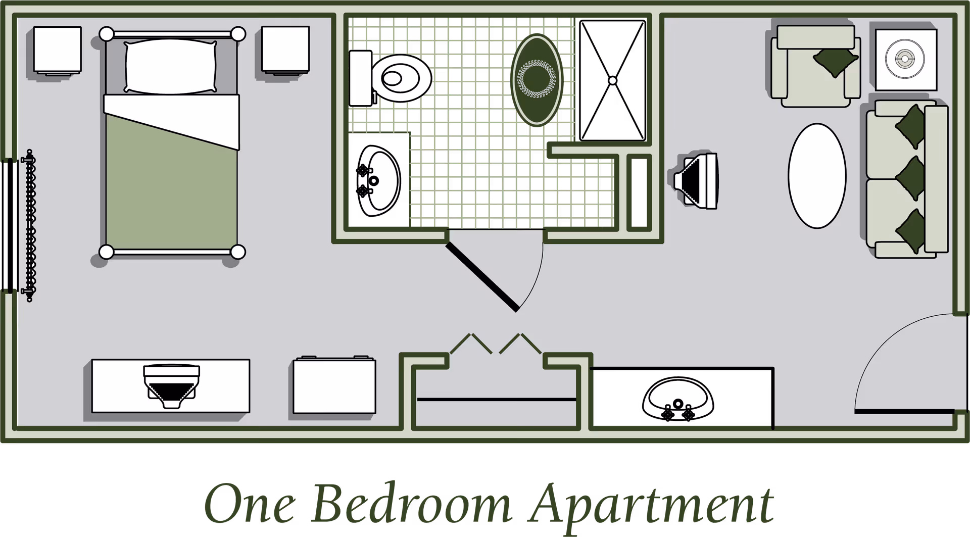 Floor plan of a one-bedroom apartment showing a bedroom with a bed and nightstands, a bathroom with a toilet, sink, and bathtub, and a living room with a sofa, armchair, coffee table, and TV.