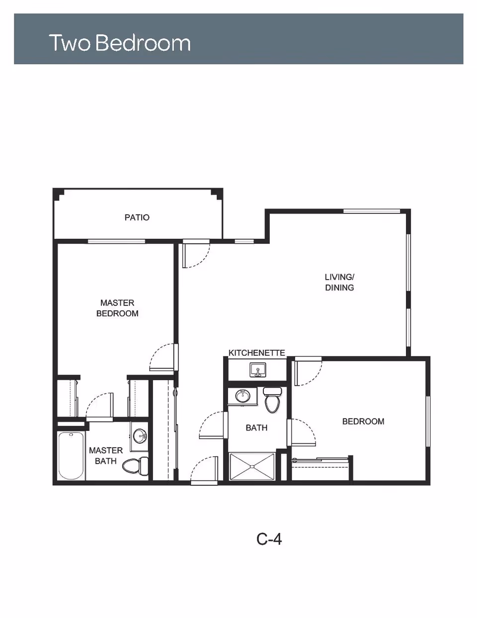 Floor plan labeled Two Bedroom showing a layout with a master bedroom, master bath, patio, living/dining area, kitchenette, bath, and a second bedroom.