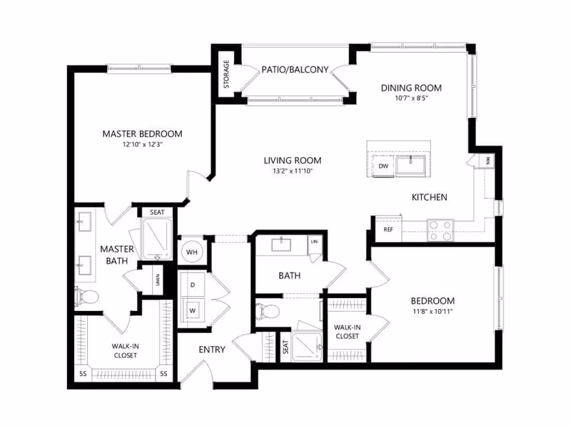 Architectural floor plan of a two-bedroom apartment featuring a master bedroom with walk-in closet and master bath, a second bedroom with walk-in closet, a living room, dining room, kitchen with dishwasher and refrigerator, two bathrooms, an entry area with washer and dryer, a patio/balcony with storage, and seating areas in the bathrooms.