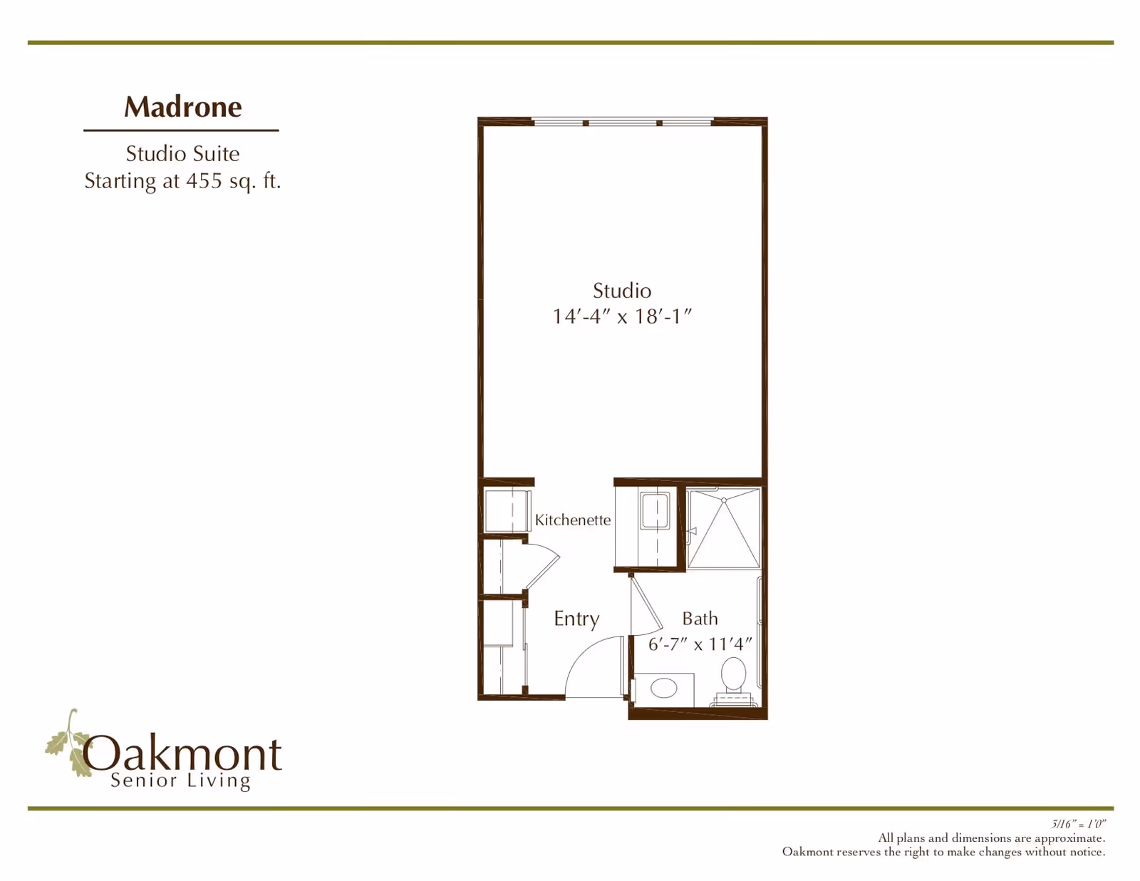 Floor plan of the Madrone studio suite at Oakmont Senior Living, showing a studio area measuring 14 feet 4 inches by 18 feet 1 inch, a kitchenette, an entry area, and a bathroom measuring 6 feet 7 inches by 11 feet 4 inches.