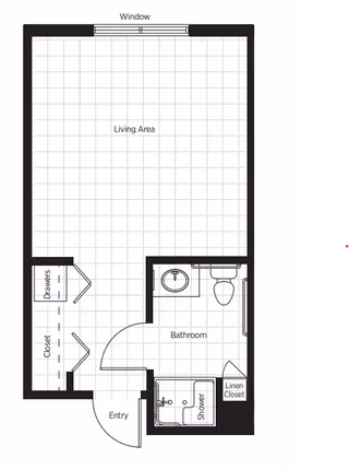 Black-and-white floor plan of a studio layout showing a large living area with a window, an entry, closet and drawers, and a bathroom with sink, toilet, shower and linen closet.