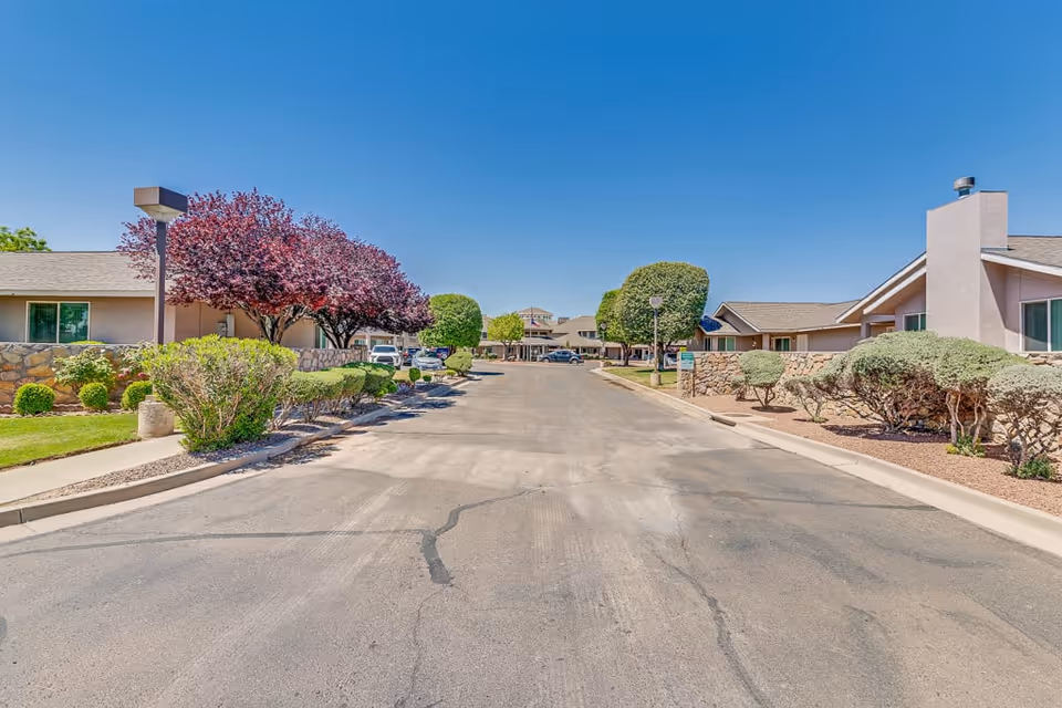 Wide paved driveway leading to a single-story senior living facility building with beige walls and stone accents. The driveway is flanked by neatly trimmed bushes, trees with red and green foliage, and street lamps under a clear blue sky.