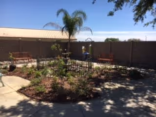 Outdoor garden area with a circular flower bed surrounded by a low metal fence, two wooden benches, a palm tree, and a person sitting on one of the benches. The area is enclosed by a tall beige wall and the sky is clear and blue.