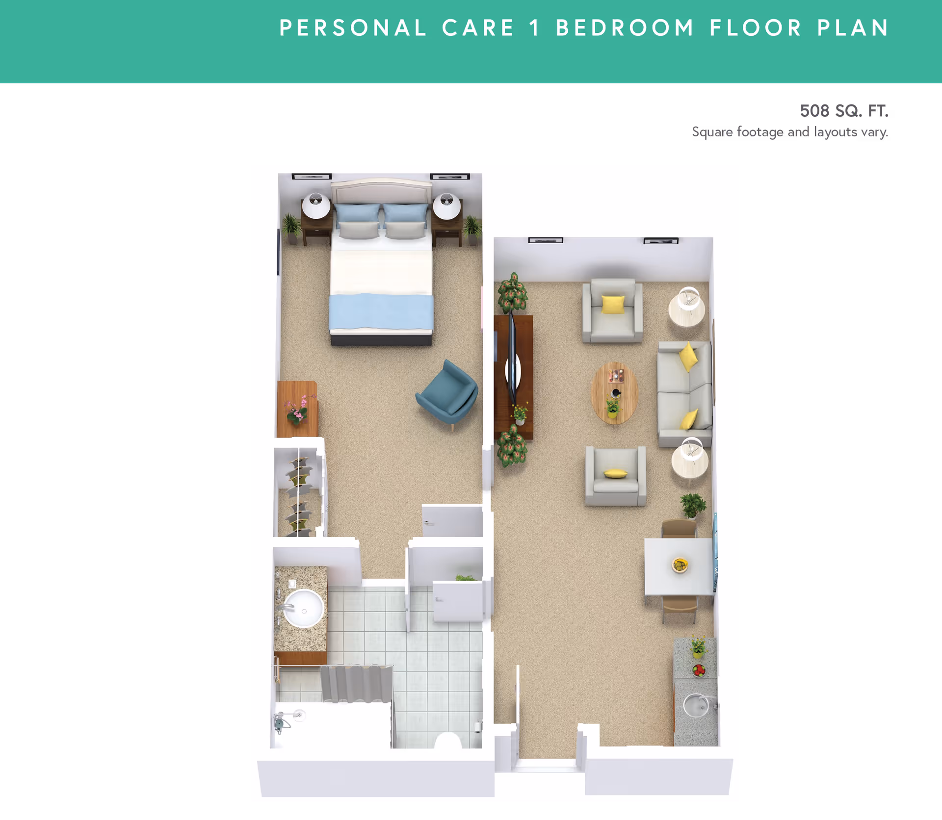 3D top-down floor plan of a 508 sq ft one-bedroom personal care apartment showing a bedroom, living room, kitchen/dining area, and bathroom.