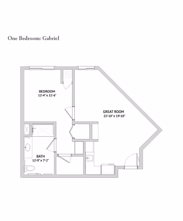 One-bedroom floor plan labeled 'One Bedroom: Gabriel' showing a bedroom, bath, and a large great room with dimensions.