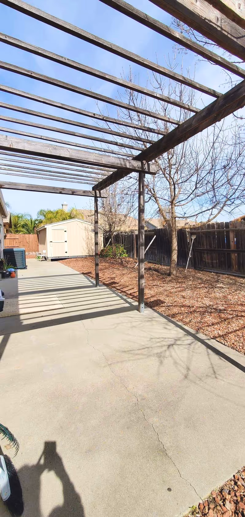 Outdoor patio area with a wooden pergola casting shadows on a concrete floor. There is a fenced yard with bare trees and a small storage shed in the background under a clear blue sky.