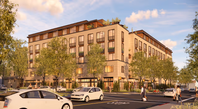 Exterior view of a modern multi-story senior living facility named The Ivy at Berkeley, surrounded by trees and parked cars, with people walking on the sidewalks under a partly cloudy sky.