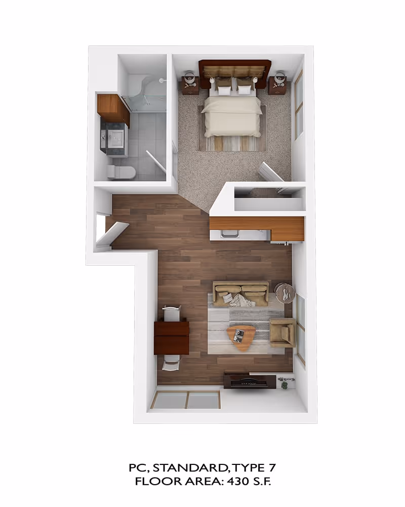 3D floor plan of a 430 square feet apartment unit featuring a bedroom with a double bed and two nightstands, a bathroom with a shower, toilet, and sink, a living area with a sofa, armchair, coffee table, TV stand, and a small dining table with two chairs. The kitchen area includes a countertop and sink. The flooring is a mix of carpet in the bedroom and wood in the living and kitchen areas.