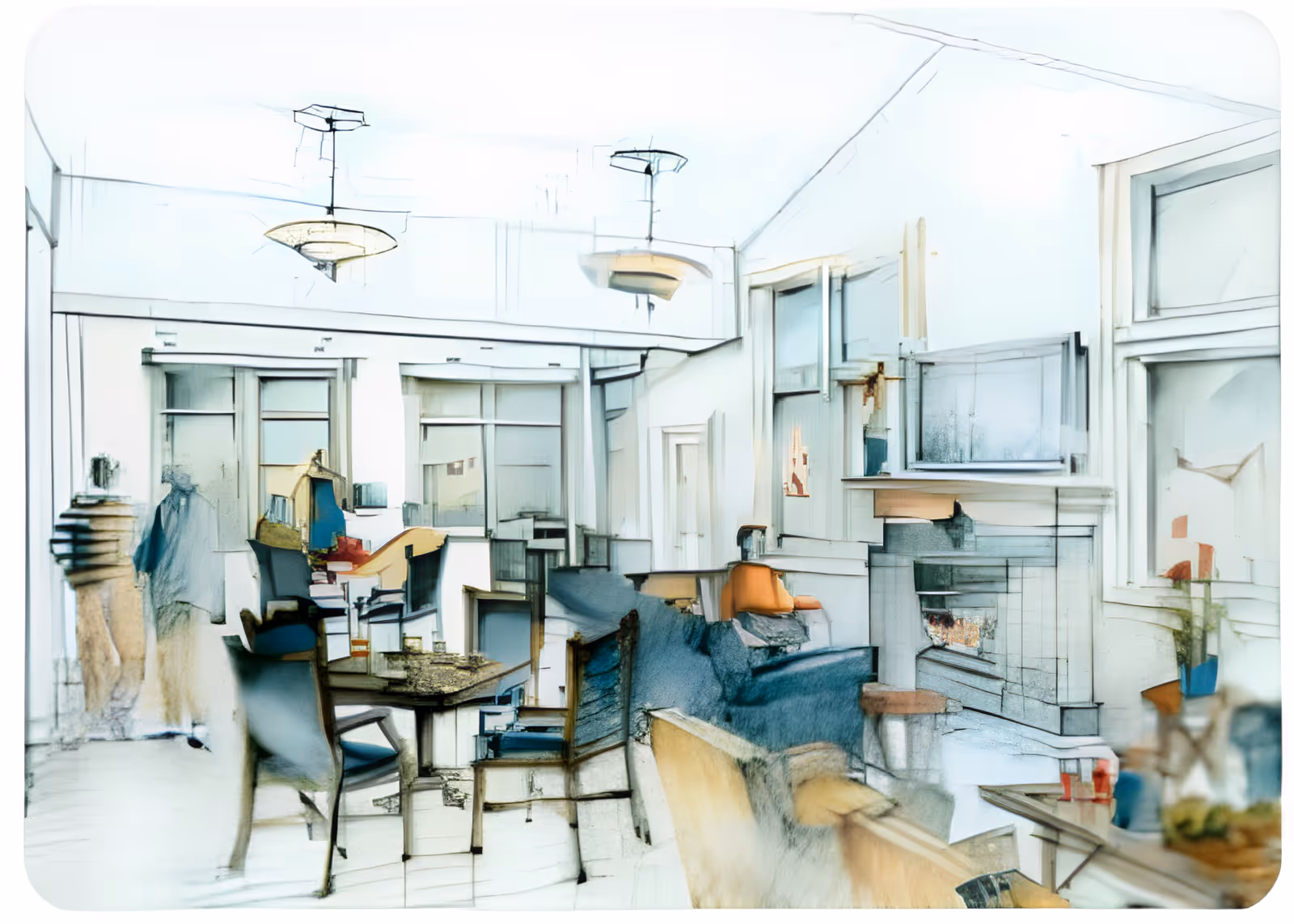 Bright, airy common living room with chairs, tables, sofas, a fireplace and large windows.