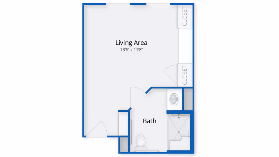 Floor plan of a living area with dimensions 13 feet 6 inches by 11 feet 8 inches, featuring two closets and an adjacent bathroom with a toilet, sink, and shower.