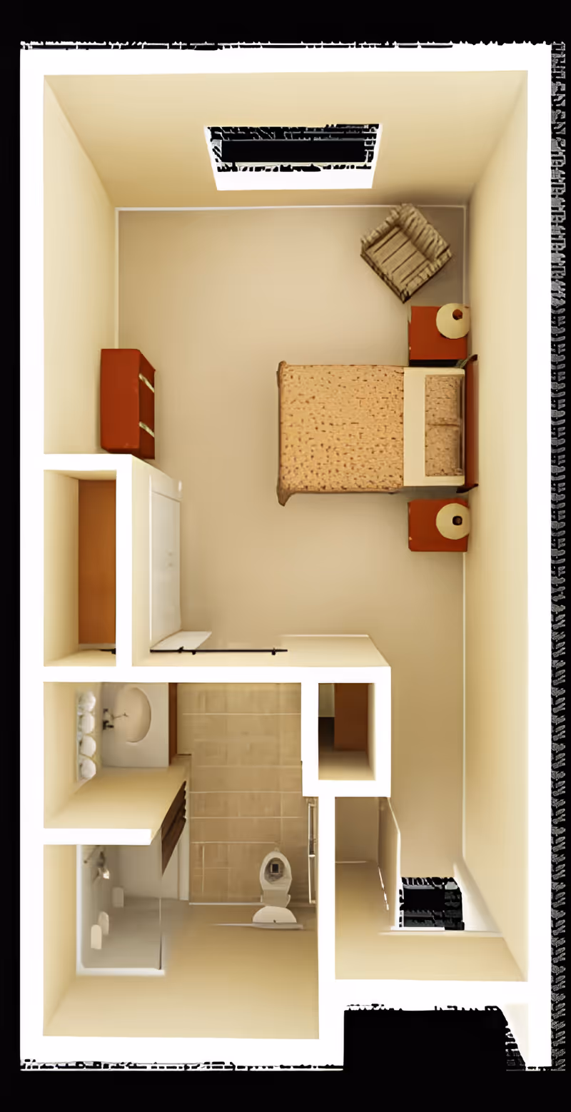 Top-down view of a senior living facility room layout featuring a bedroom and an attached bathroom. The bedroom contains a bed with two nightstands and lamps, a chair in the corner, and a dresser. The bathroom includes a toilet, sink with countertop, and a shower area.
