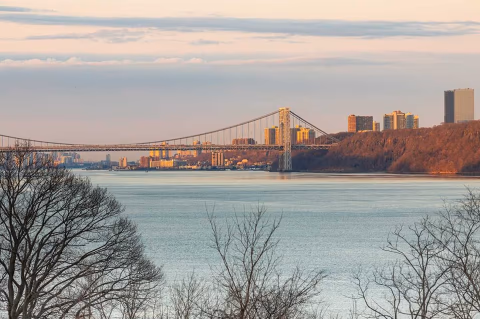 View of a large river with a suspension bridge spanning across it, with a city skyline and tall buildings in the background. Bare trees are visible in the foreground along the riverbank.