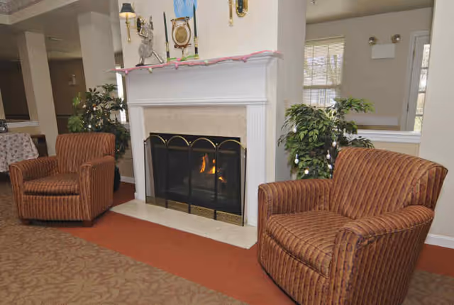 A cozy interior living area featuring a lit fireplace with a white mantel, flanked by two brown striped armchairs. There are green potted plants on either side of the fireplace, and a window with blinds in the background.