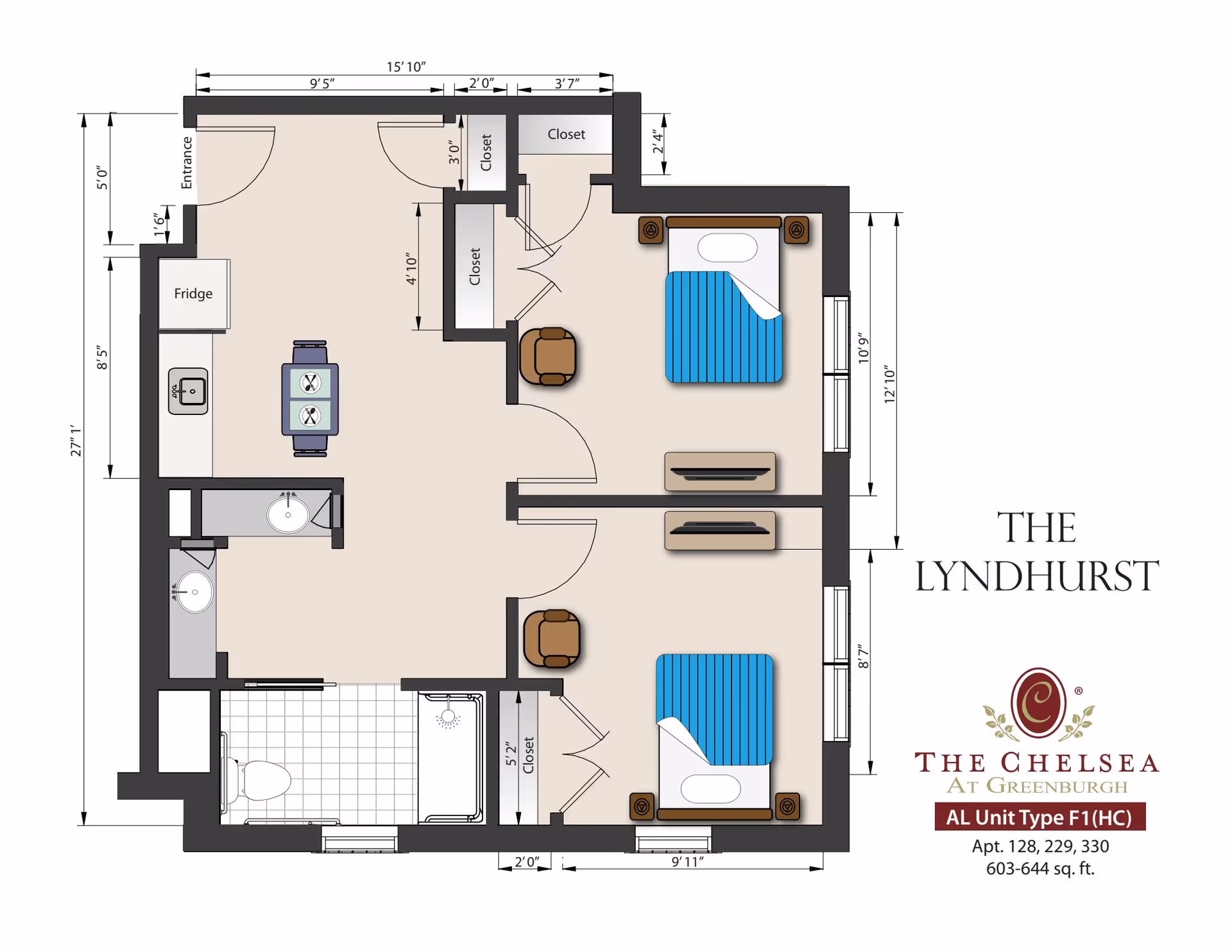 Floor plan layout of a two-bedroom apartment labeled "The Lyndhurst" from The Chelsea at Greenburgh, showing rooms, furniture, fixtures and measurements.