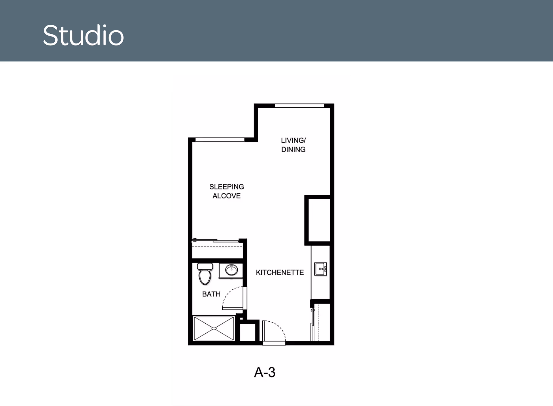 Floor plan of a studio apartment labeled A-3 showing a sleeping alcove, living/dining area, kitchenette, and a bathroom with a shower, toilet, and sink.