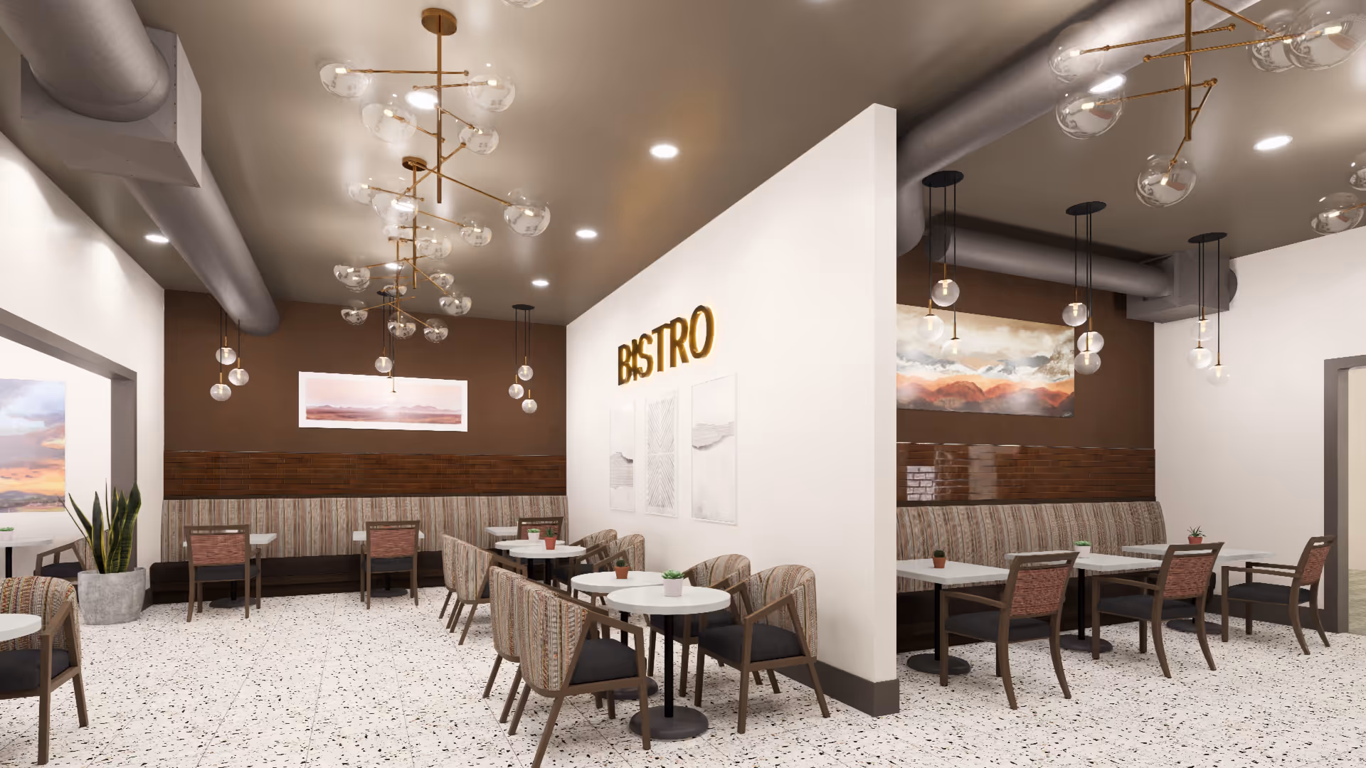 Modern bistro-style dining area with round tables, upholstered chairs, banquette seating and decorative pendant lights.