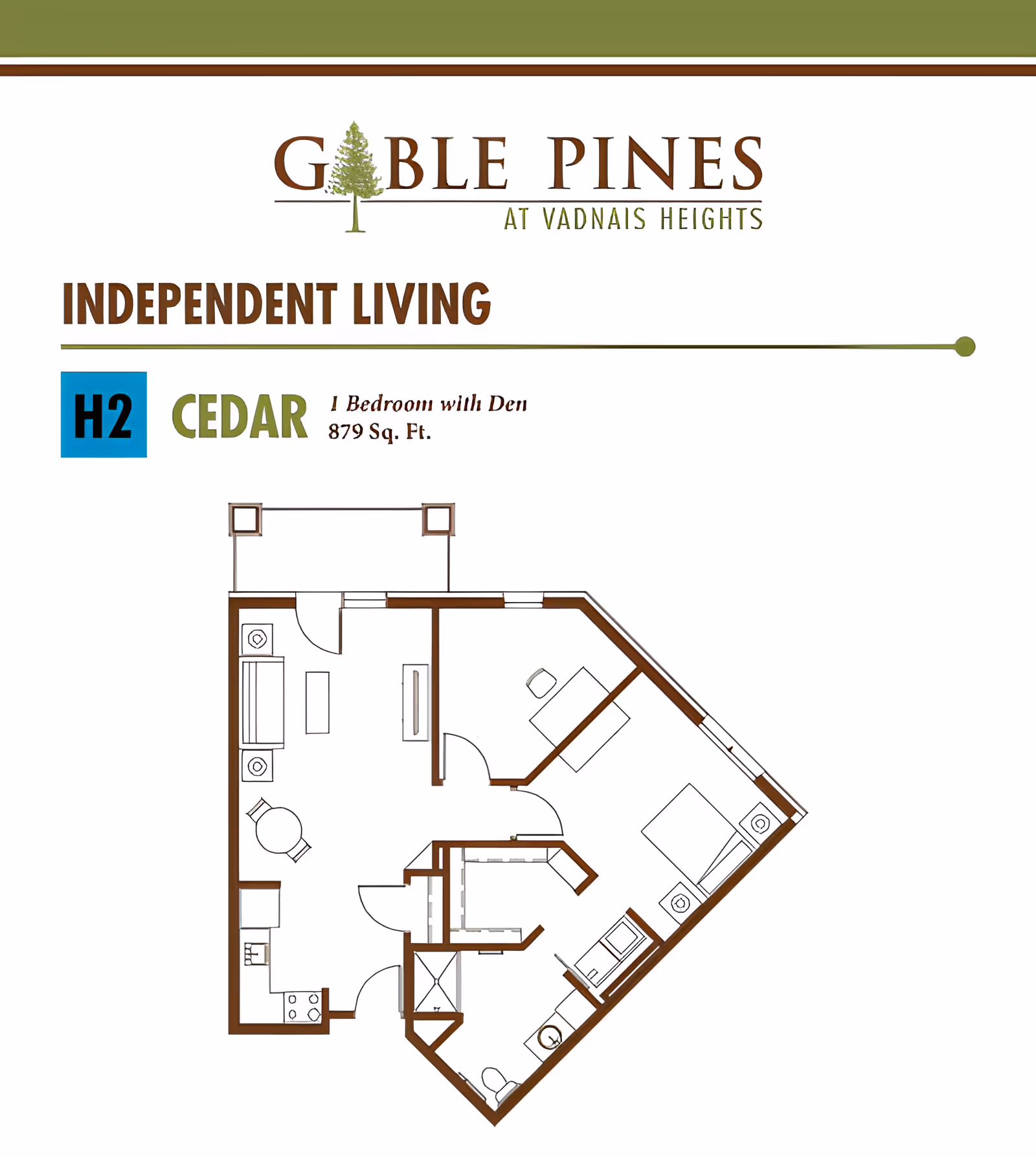 Floor plan layout of the Cedar independent living unit at Gable Pines, showing 1 bedroom with den and 879 square feet. The plan includes a living area, kitchen, bedroom, den, bathroom, and closet spaces.