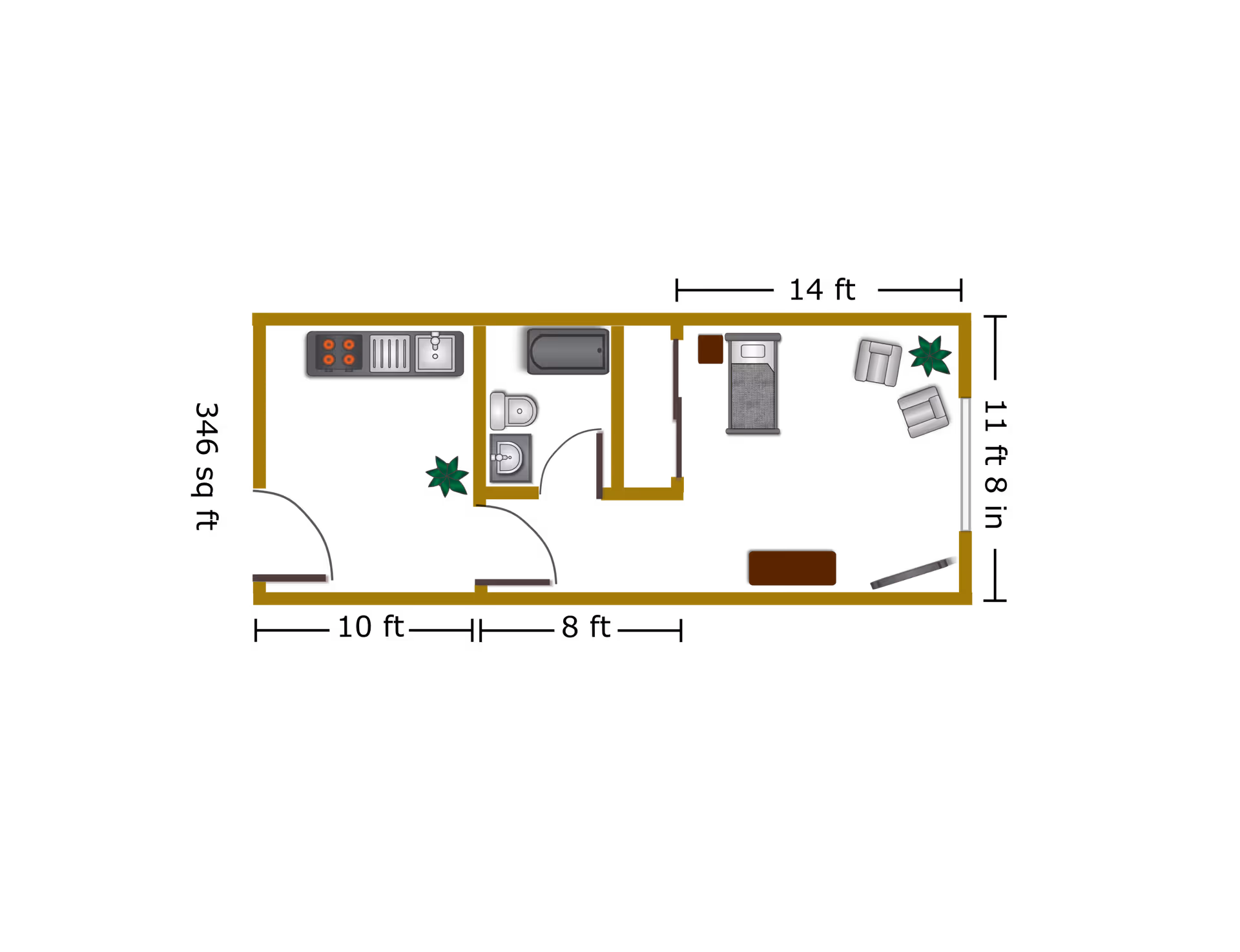Floor plan of a small apartment unit at Peters Creek Retirement Center showing a kitchen area with stove, sink, and counter, a bathroom with bathtub, toilet, and sink, and a living/bedroom area with a single bed, two chairs, a small table, and a plant.