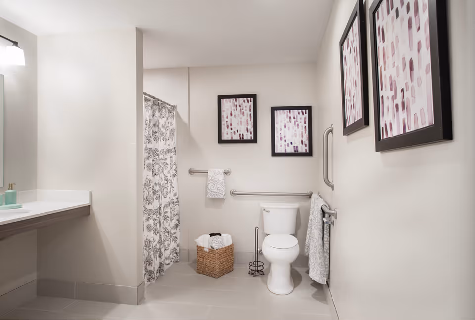 A clean and modern bathroom with a white toilet, a shower with a floral-patterned curtain, a basket with towels, and three framed abstract artworks on the walls. There are grab bars installed near the toilet and a towel hanging on one of them. A countertop with a soap dispenser is visible on the left side.