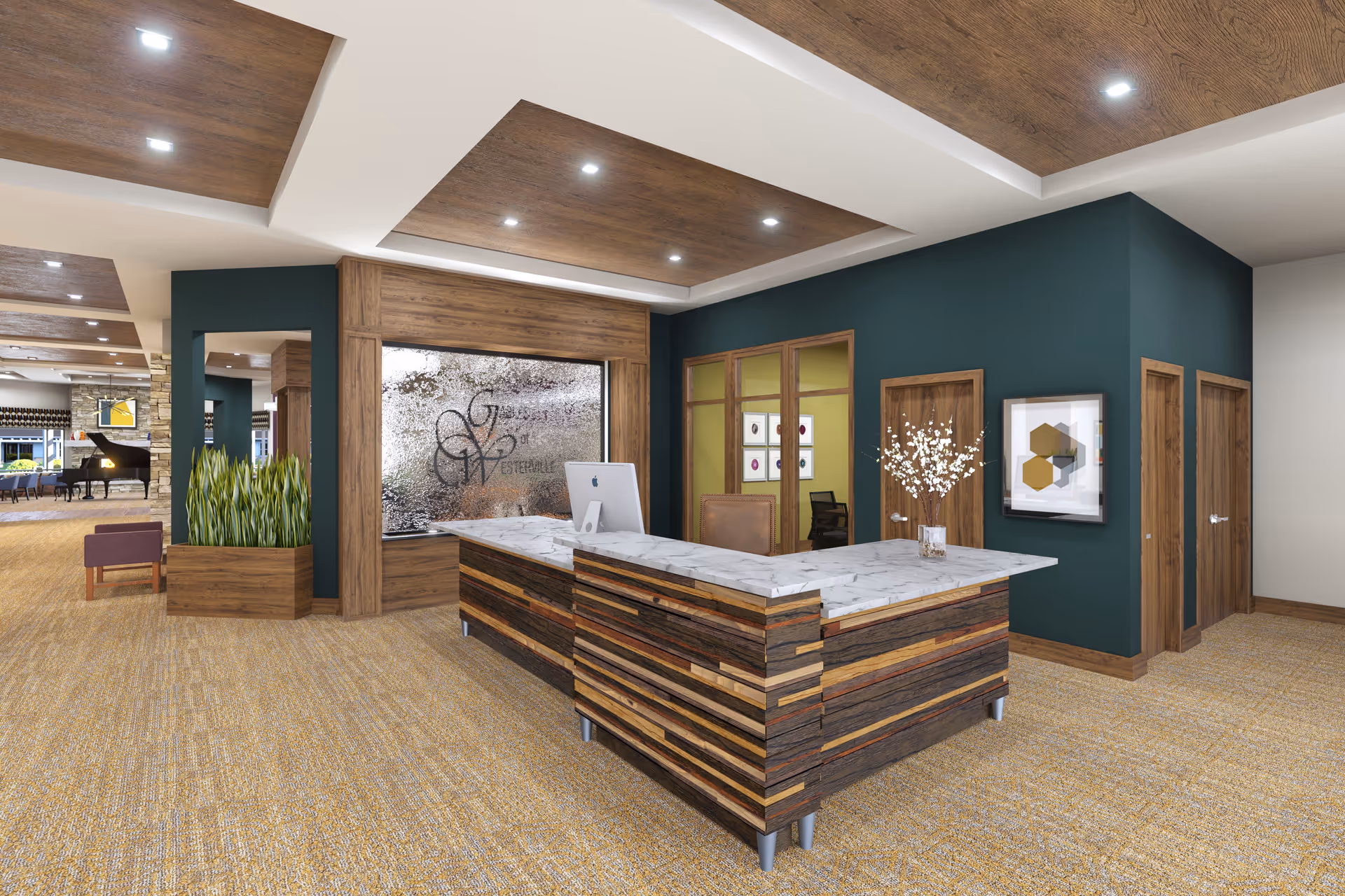 Reception area of The Gables of Westerville featuring a modern wooden front desk with a marble countertop, a computer, and a vase with white flowers. The background includes a textured glass panel with the facility's logo, green walls, wooden doors, and a glimpse of a lounge area with a grand piano and seating.