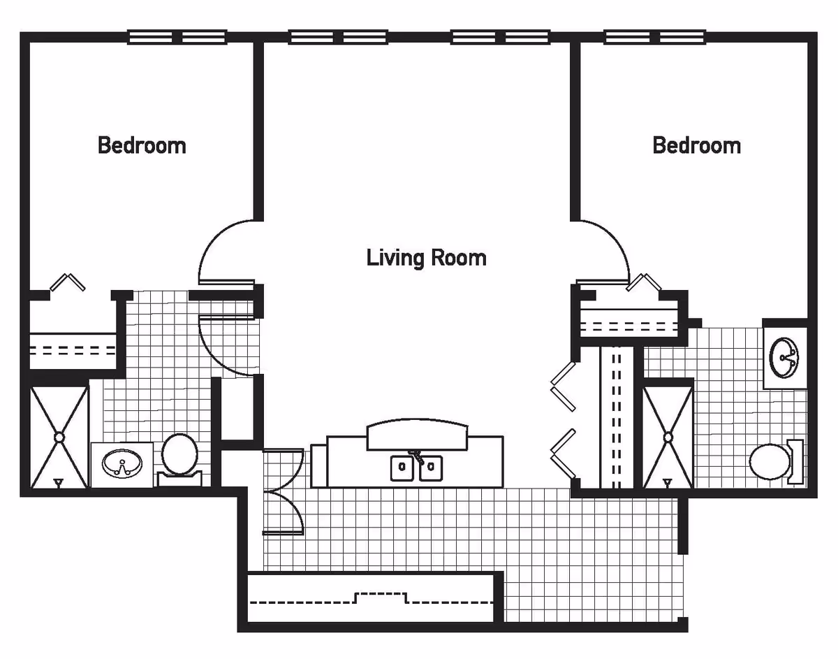 Floor plan of a living space at Garden Estates of Temple showing two bedrooms, two bathrooms, a living room, and a kitchen area with a sink and counter.