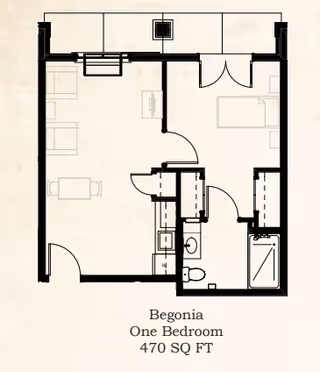Architectural floor plan of a one-bedroom apartment named Begonia, measuring 470 square feet, showing a living area with two chairs and a table, a kitchen, a bedroom with a bed and dresser, and a bathroom with a toilet and shower.