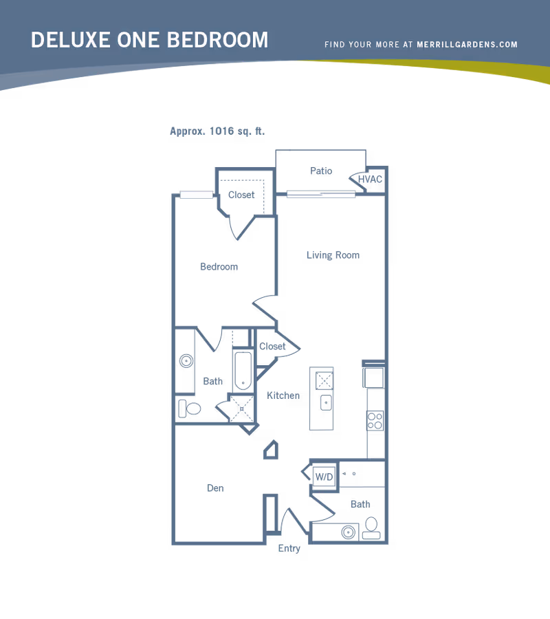 Floor plan of a deluxe one bedroom apartment approximately 1016 square feet, showing a bedroom with closet, living room with patio and HVAC, kitchen with closet, two bathrooms, den, entry, and washer/dryer area.