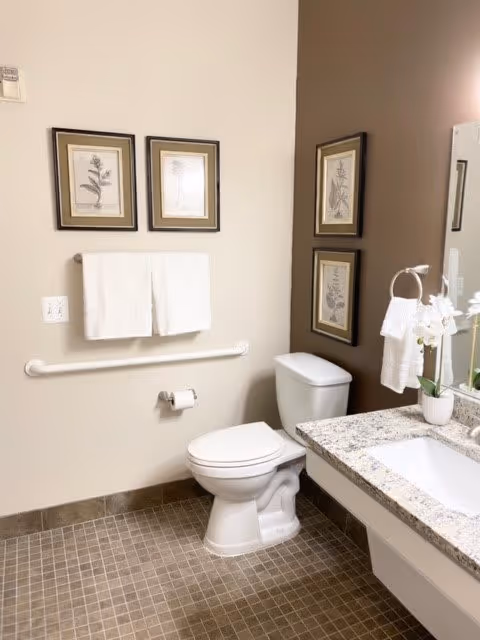 A clean and well-lit bathroom featuring a white toilet, a granite countertop with a sink, a white hand towel hanging on a ring, and a white orchid plant on the counter. The walls are decorated with framed botanical prints, and there is a white towel hanging on a bar above a grab bar next to the toilet. The floor has small square tiles in neutral tones.