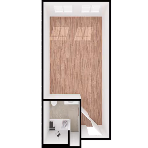 Top-down view of a small apartment floor plan with a large main room featuring wooden flooring and three windows on one wall. There is a small bathroom with a toilet and sink, and a kitchenette area with a sink and countertop.