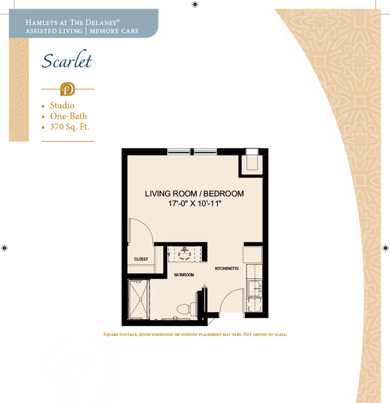 Studio floor plan titled 'Scarlet' showing a 17'0" x 10'11" living room/bedroom with kitchenette, bathroom and closet.
